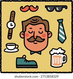 Cute hand-drawn Father’s Day set featuring a dad, mustache, glasses, watch, coffee cup, beer, shoe, and tie on a yellow background. Great for holiday graphics and greeting designs.