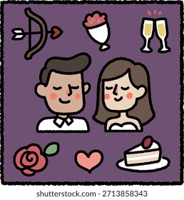 Cute hand-drawn Valentine’s Day set with a romantic couple, rose, heart, cake slice, champagne glasses, bouquet, and a bow and arrow on a purple background. Ideal for sweet holiday designs.