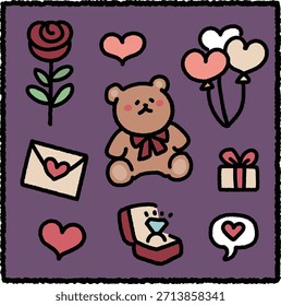 Cute hand-drawn Valentine’s Day set with a teddy bear, rose, heart balloons, gift box, love letter, heart icons, and a ring box on a purple background. Ideal for romantic holiday designs.
