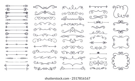 Divisores de texto decorativos à mão bonitos e quadros. 60 divisores de texto em espiral, isolados sobre fundo branco. Ilustração vetorial.