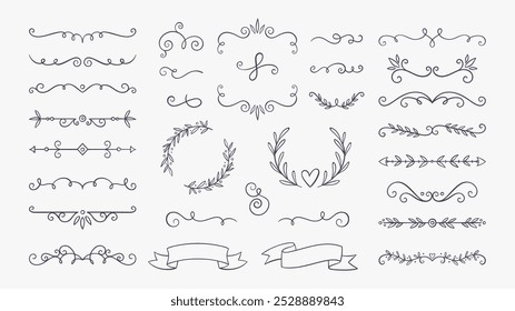 Cute hand-drawn decorative text dividers, ribbons and wreaths. Perfect for wedding invitations and elegant card designs. Vector illustration set.