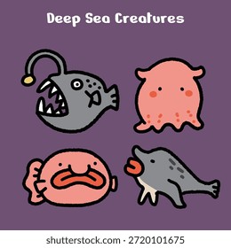 Bonito conjunto de ilustração de animais de mar profundo desenhado à mão com tamboril, polvo, lagosta e peixe-morcego de lábios vermelhos. Contornos grossos, formas simples e expressões divertidas tornam este trabalho artístico ideal para adesivos, ilustrações infantis, temas oceânicos e design de personagens.