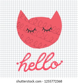 Cute handdrawn design with cat saying "Hello". Hand sketched lettering typography.  Handwritten art. Ready-to-print design template. Clothes badge, banner, tag. Vector illustration.