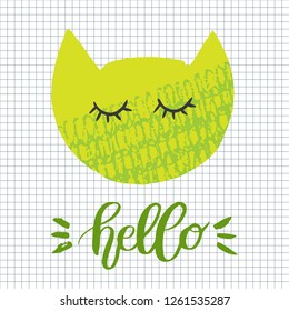 Cute handdrawn design with cat saying "Hello". Hand sketched lettering typography.  Handwritten art. Ready-to-print design template. Clothes badge, banner, tag. Vector illustration.