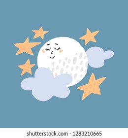 Cute handdrawn design with Full Moon and Stars. Hand drawn art. Ready-to-print design template. Clothes badge, banner, tag. Vector illustration.