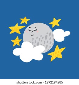 Cute handdrawn design with Full Moon and Stars. Hand drawn art. Ready-to-print design template. Clothes badge, banner, tag. Vector illustration.