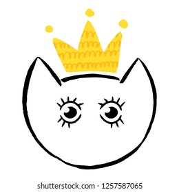 Cute handdrawn design with Princess cat. Hand drawn art. Ready-to-print design template. Clothes badge, banner, tag. Vector illustration.