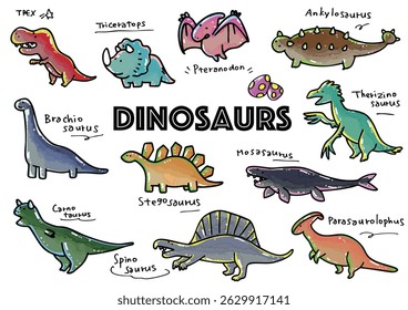 
Cute hand-drawn dinosaur illustration set