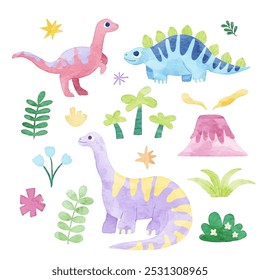 Cute Handdrawn Dinosaurs Watercolor Elements Bundle