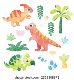 Cute Handdrawn Dinosaurs Watercolor Elements Bundle