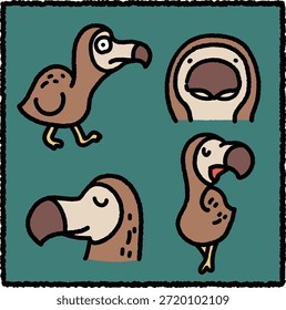 Cute hand-drawn dodo bird (Raphus cucullatus) illustration set featuring chubby and expressive dodo characters in a playful cartoon style. Thick outlines and simple shapes create a friendly look, perfect for children’s illustrations, stickers, extinct animal education, and wildlife-themed designs.