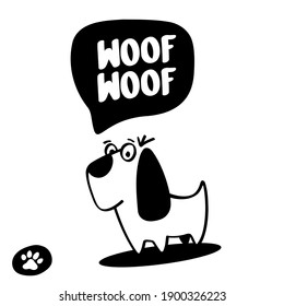 
A cute hand-drawn dog says woof woof.