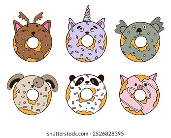 Bonitos animais de donut desenhados à mão set. Doodle desenho rosquinha engraçada