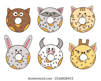 Bonitos animais de donut desenhados à mão set. Doodle desenho rosquinha engraçada