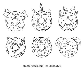 Nettes handgezeichnetes Donut-Tierset. Doodle Zeichnung Malvorlage für Kinder