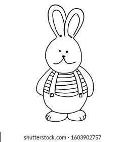 Cute hand-drawn doodle bunny boy in strips t-shirt and pants with suspenders. Coloring page for kids. Easter illustration.