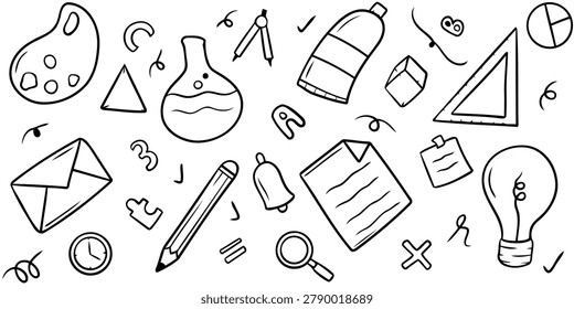 A cute hand-drawn doodle collection of various school supplies, education elements, and creative tools, featuring an art palette, a science flask, a compass dividers tool, a glue or lotion tube, a geometric cube, a triangle ruler, a pie chart, an envelope, a pencil, a desk bell, a sheet of paper, a sticky note, a light bulb, a clock, a puzzle piece, and a magnifying glass, surrounded by small decorative symbols, checks, and swirls in bold black and white line art