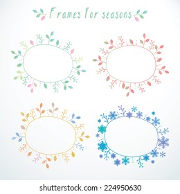 Cute hand-drawn doodle floral and snowflakes frames with all seasons in vector