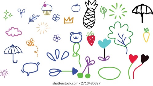 Conjunto de iconos de doodle dibujado a mano con corazones, flores, frutas, coronas, paraguas y bocetos divertidos en estilo de contorno colorido, perfecto para pegatinas, marcas, redes sociales, diseño infantil y creativo p
