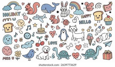 Cute Hand-Drawn Doodle Set with Animals, Food, and Fun Icons