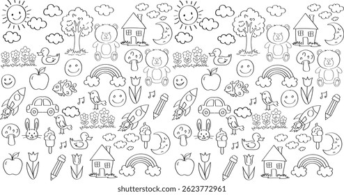 Cute Hand-Drawn Doodle Set Black and White Kids Elements for Coloring and Design, Kid crayon hand drawn background, Children school pencil bg