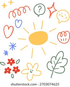 Lindo Doodle dibujado a mano con sol, flores y Elementos de corazón