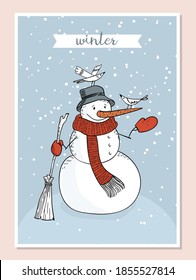 Cute hand-drawn doodle snowman wrapped in a red scarf in a hat with a broom in his hand. Birds sit on it. A cartoon snowman feeds the birds with crumbs. Vector stock greeting card illustration.
