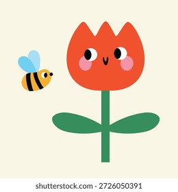 Tulipa de doodle bonito desenhado à mão com uma pequena abelha. Ilustração vetorial lúdica simples perfeita para design de mola, adesivos, projetos infantis e elementos decorativos.
