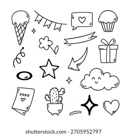Cute hand-drawn doodles featuring ice cream, cupcakes, flowers, and other fun designs on a white background.