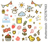 Cute hand-drawn doodle-style vector icons. A collection of daily planner stickers featuring weather symbols, hearts, garlands, flowers, and cakes.