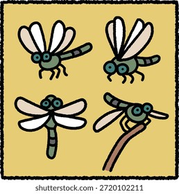 Lindo conjunto de ilustración de libélula dibujado a mano con libélulas de dibujos animados simples en varias poses voladoras. Los contornos gruesos y los colores planos lo hacen ideal para el diseño de niños, la educación de la naturaleza, los temas de insectos, las ilustraciones de vida silvestre y los gráficos de estilo de pegatina.