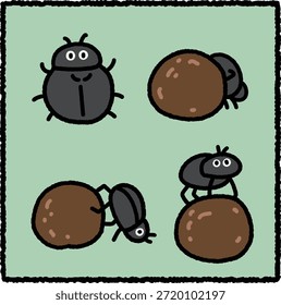 Um belo conjunto de ilustrações desenhado à mão mostrando besouros desenhos animados rolando e interagindo com bolas de esterco em poses divertidas. Contornos grossos e cores planas criam um estilo amigável e bem-humorado, adequado para a educação de insetos, ilustrações infantis, adesivos e designs com temas naturais.