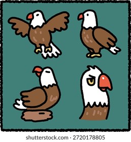 Lindo conjunto de pegatinas de águila dibujadas a mano con cuatro águilas calvas en diferentes poses como volar, pararse, descansar y un primer plano de la cara, sobre un fondo verde.