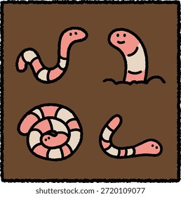Cute hand-drawn earthworm illustration set featuring four simple poses in a thick-outline cartoon style. Earthworms are important soil-dwelling invertebrates that improve soil structure and nutrient cycling. Ideal for education, biology, ecology, agriculture, and nature-themed designs.