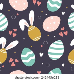 Cute handdrawn Easter pattern with eggs and bunny ears. Seamless vector design.