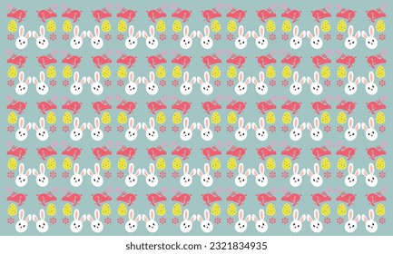 Cute hand-drawn Easter seamless pattern with bunnies, flowers, easter eggs, beautiful background, great for Easter Cards,