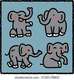 Cute hand-drawn elephant sticker set featuring four elephants in different poses including sitting, standing, walking and playful expressions on a light blue background. Adorable animal illustration.