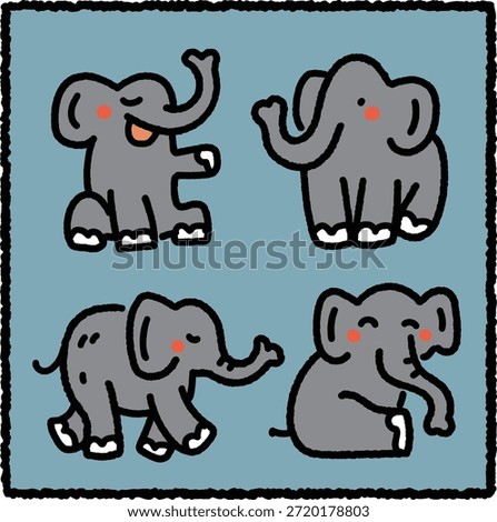 Cute hand-drawn elephant sticker set featuring four elephants in different poses including sitting, standing, walking and playful expressions on a light blue background. Adorable animal illustration.