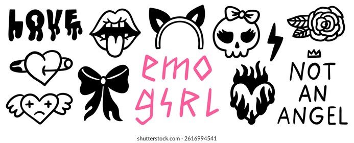 Cute hand-drawn emo girl stickers, tattoo art elements and phrases. Creepy love doodle concept set. Vector illustration.