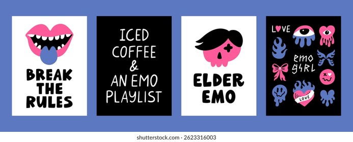 Cute hand-drawn emo posters 3x4. Lettering phrases, stickers, tattoo art elements. Creepy love doodle concept set. Vector illustration.