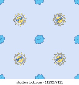  Cute hand-drawn endless doodle pattern with suns and clouds.