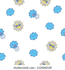 Cute hand-drawn endless doodle pattern with suns and rainy clouds.