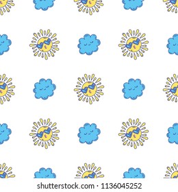  Cute hand-drawn endless doodle pattern with suns and clouds.