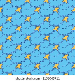 Cute hand-drawn endless doodle pattern with clouds.

