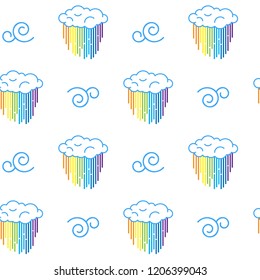 Cute hand-drawn endless doodle pattern with rainy clouds and rainbow. Sky seamless background.
