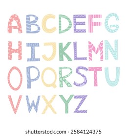 Cute hand-drawn English alphabet for kids. Pastel colors, ornamental decorative design, dots, lines, geometric shapes. Vector isolated on white background 