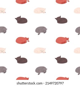 Cute hand-drawn feline texture. Sleeping cats on a seamless pattern. Vector wallpaper with kittens that lie resting. Flat style