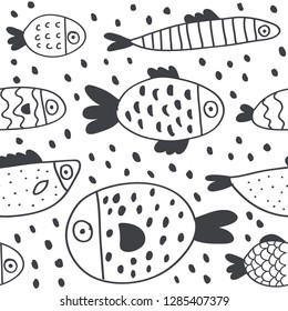 Cute handdrawn fish doodles pattern. Stylish scandinavian style minimalistic baby clothing seamless pattern. Black and white fish set. Perfect for textile, posters, fabrics, textile, pijamas