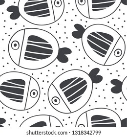 Cute handdrawn fish doodles pattern. Stylish scandinavian style minimalistic baby clothing seamless pattern. Black and white fish set. Perfect for textile, posters, fabrics, textile, pijamas - Vector