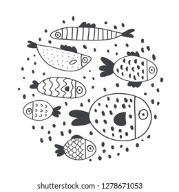 Cute handdrawn fish set isolated on white. Stylish scandinavian style minimalistic baby illustrations. Black and white fish set. Perfect for textile, posters, fabrics, coloring books, stationary.